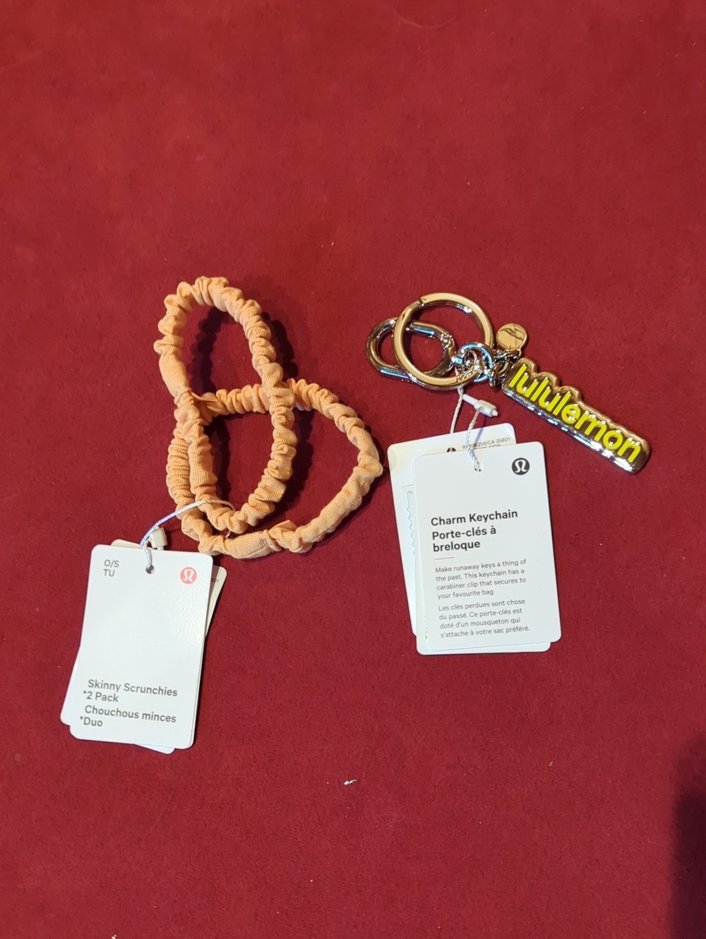 Lululemon Bundle: Metal Keychain/Bag Charm and Skinny Scrunchies Rock Melon NWT